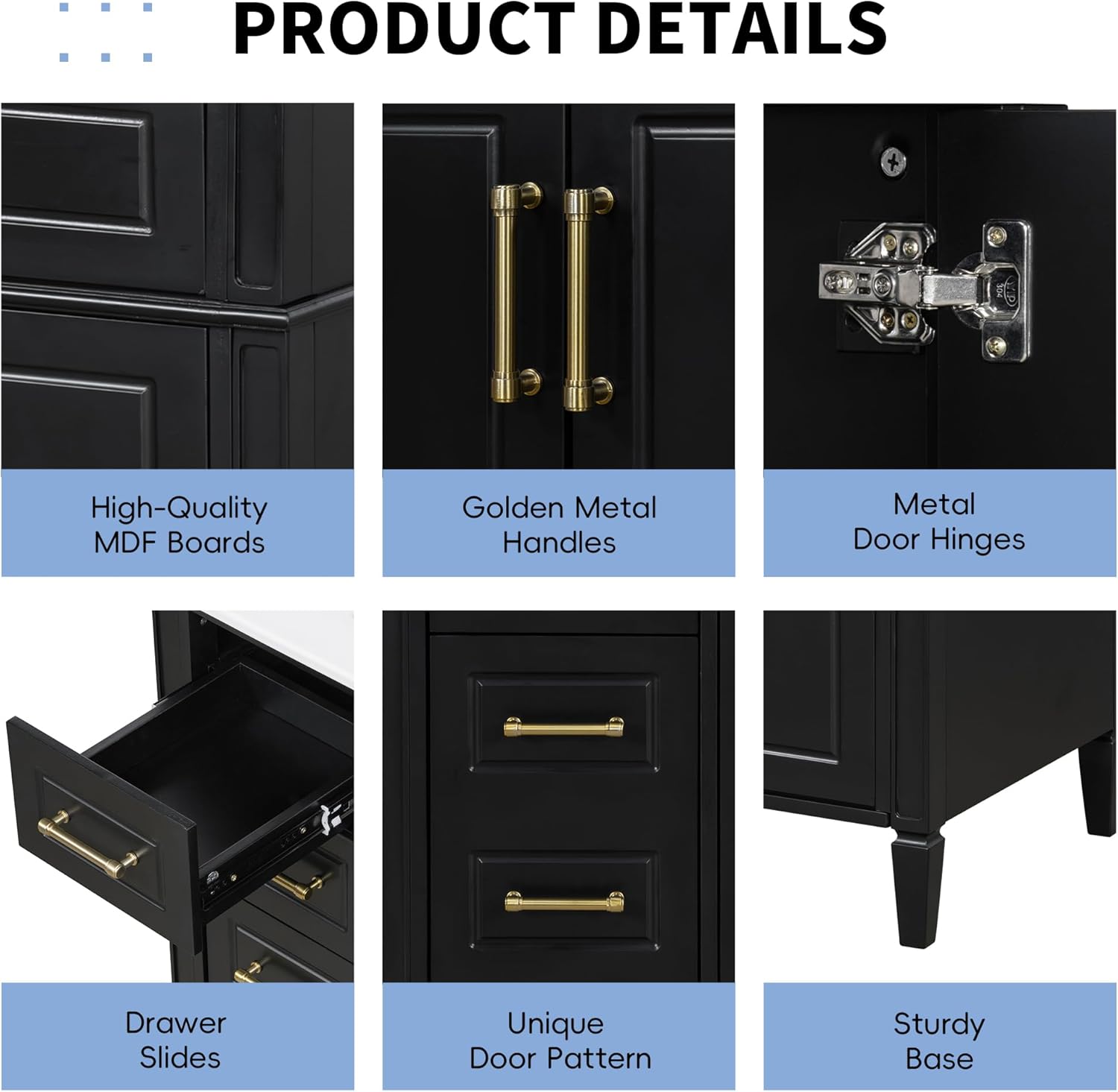 36 Inch Bathroom Vanity with Sink, Single Sink Vanity with 4 Drawers (1 Flip Drawer), 2 Doors & Adjustable Shelf, Pinewood+MDF Cabinet with Ceramic Basin, Gold Metal Handles, Soft-Close Hinges, Black