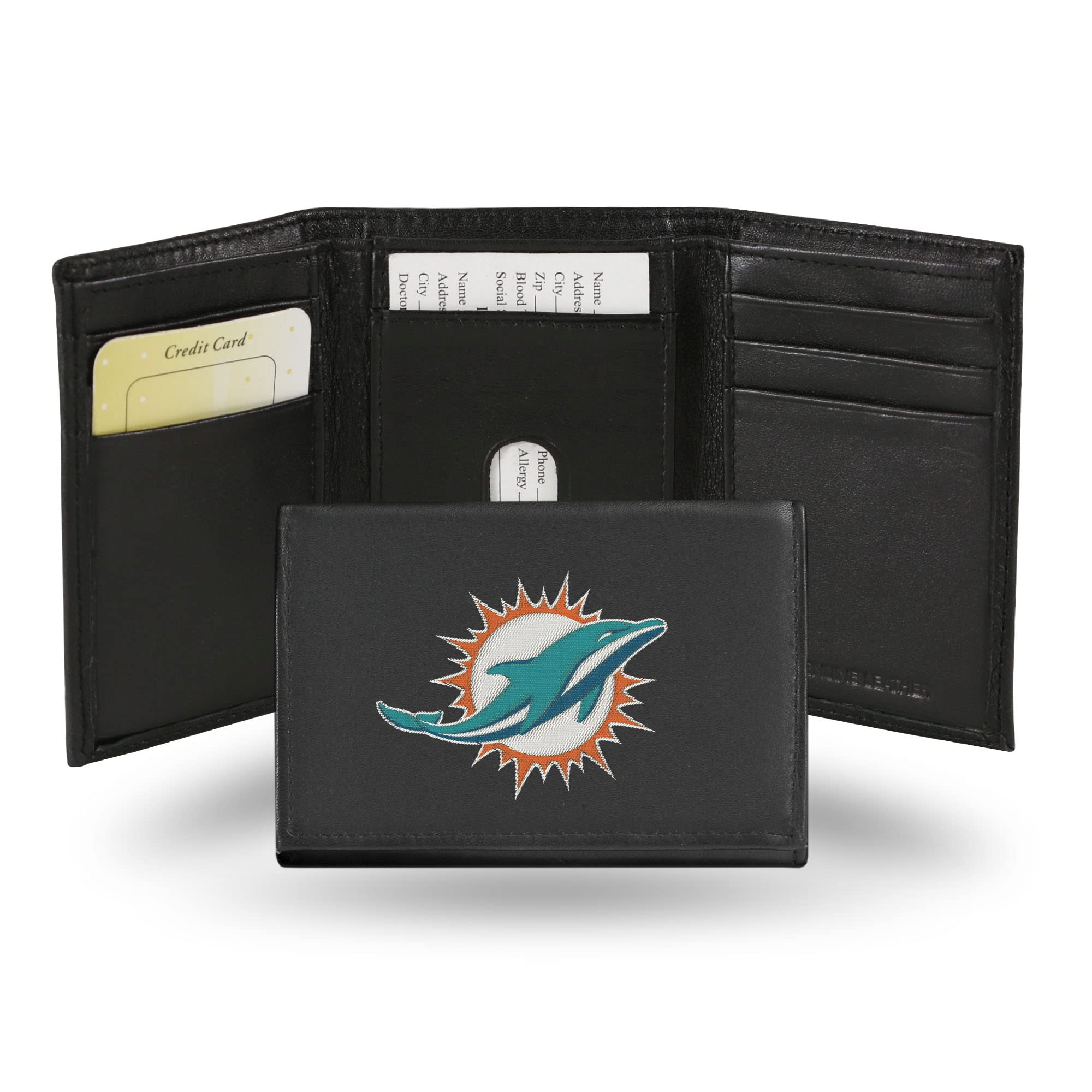 Rico Industries NFL Miami Dolphins Embroidered Genuine Leather Tri-fold Wallet 3.25