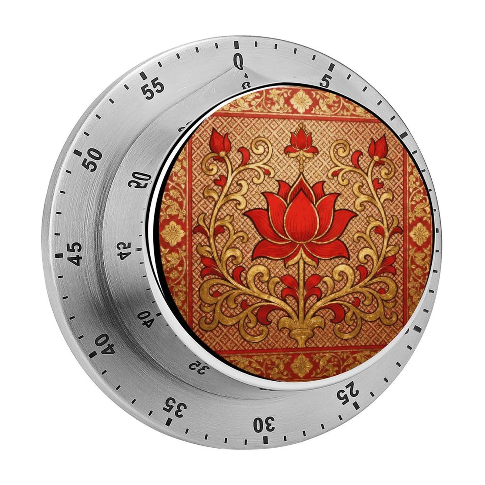 Ethnic Floral Mechanical Kitchen Timer, Magnetic Stainless Steel Countdown Timer, Loud Alarm Cooking Timer for Baking, Cooking, Fitness, Classroom, No Battery Needed