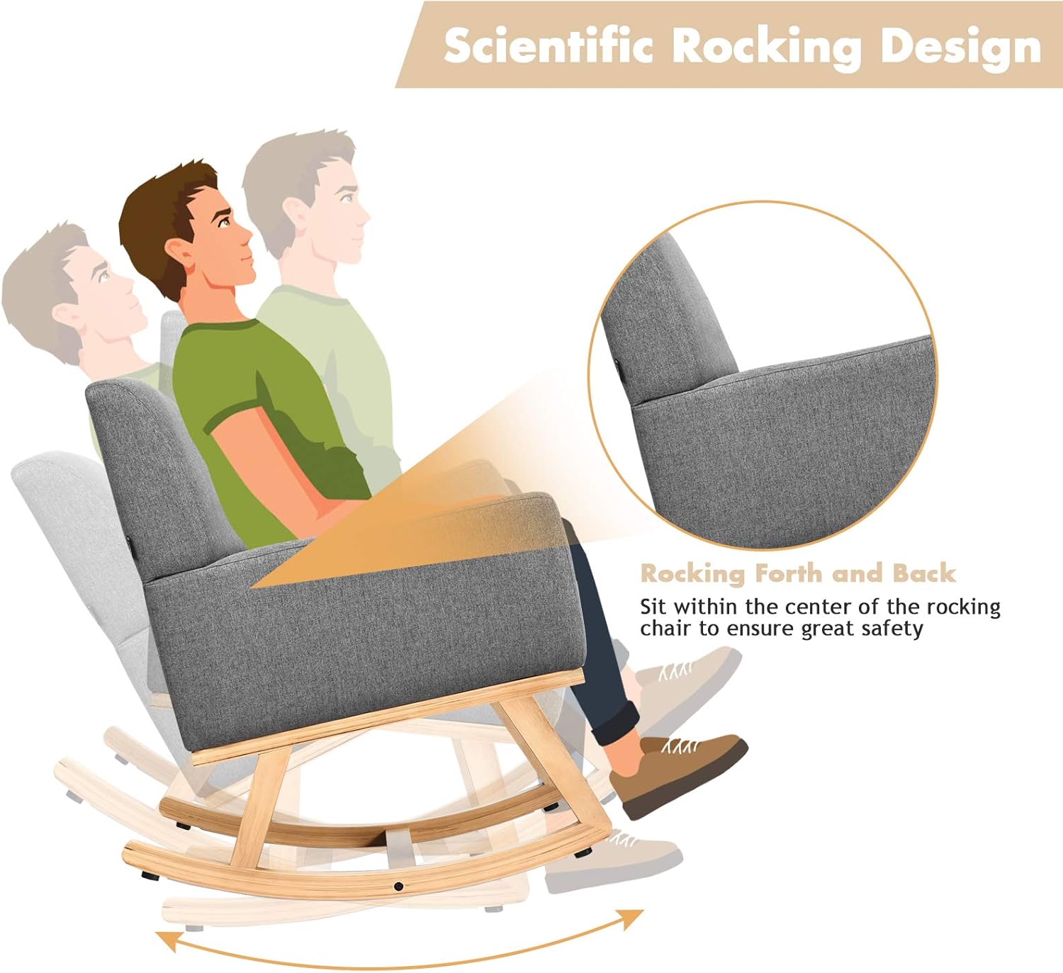 KOTEK Upholstered Rocking Chair, Modern Accent Rocker w/Solid Wood Base & Fabric Padded Seat, Nursery Rocking Armchair for Living Room, Bedroom (Grey)…