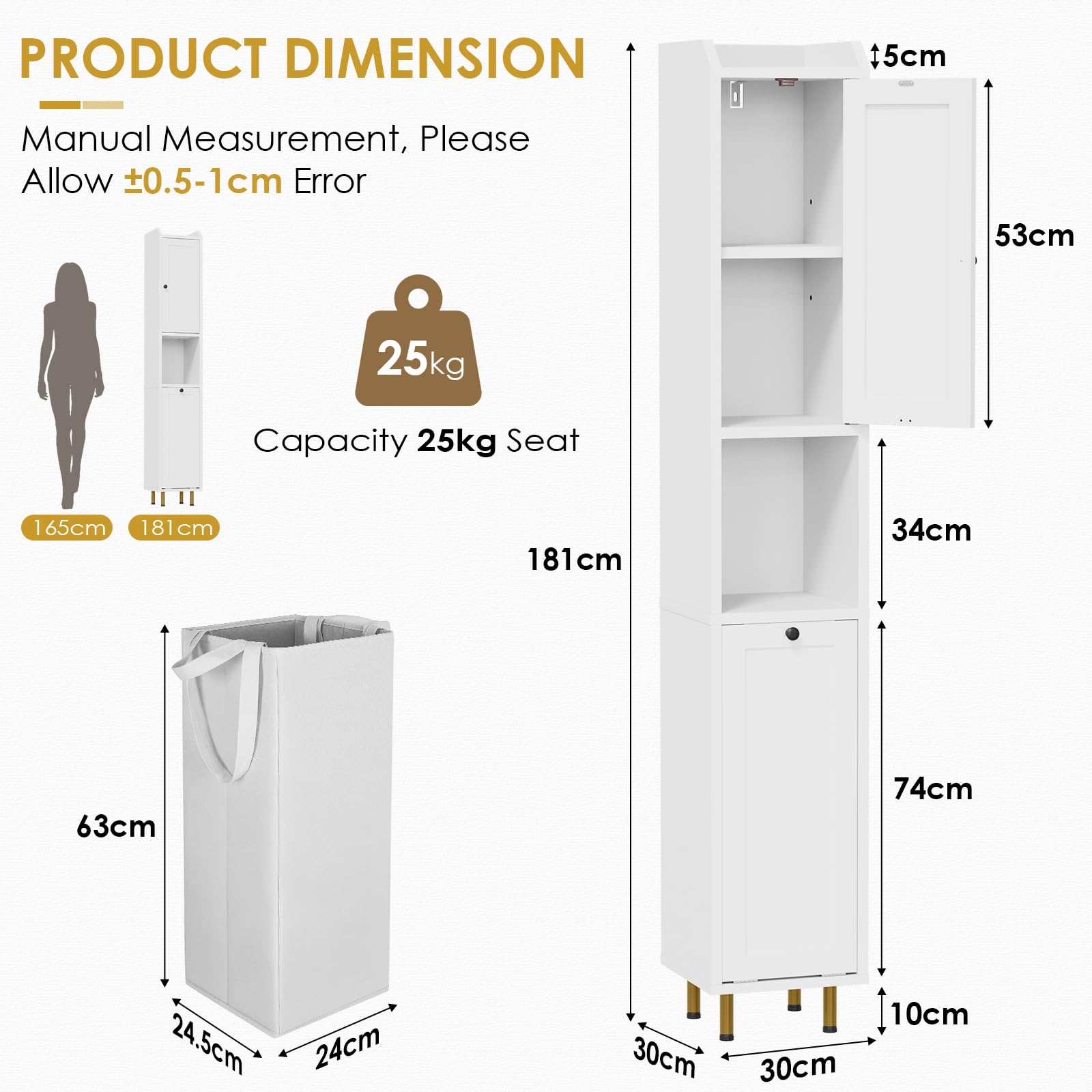 Badezimmerschrank mit Wäschekorb, 181cm Schmaler Badschrank Hoch, Badezimmer Hochschrank, Freistehender Wäscheschrank mit herausnehmbarem, Wäschesack aus Stoff & Kippschutz, 30 x 30 x 181cm, Weiß, 1pc