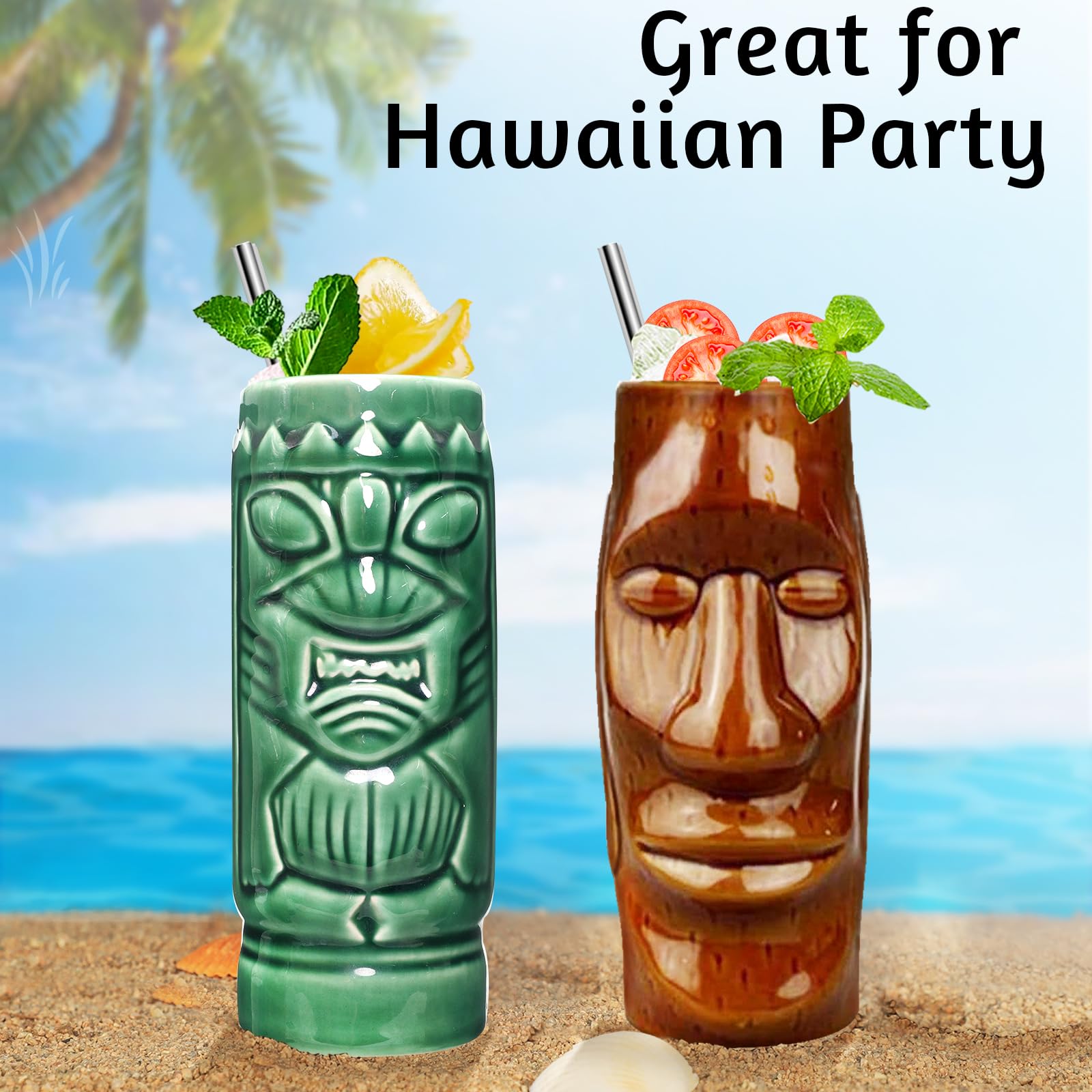 Tiki-mokken set Tiki-glazen Tiki-mokset Leuke cocktailglazen Exotische cocktailglazen, professionele Hawaiiaanse partij Tiki-bar/set van 10,As shown