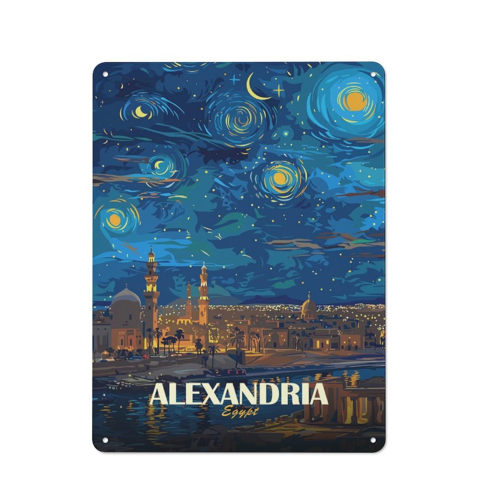 Junmoney Style-5 Modern Retro Metal Wall Art Sign 40X30cm Featuring Alexandria Egypt Starry Night Art, Urban Room Decor For Flat, Bar, Studio Or Gallery Wall
