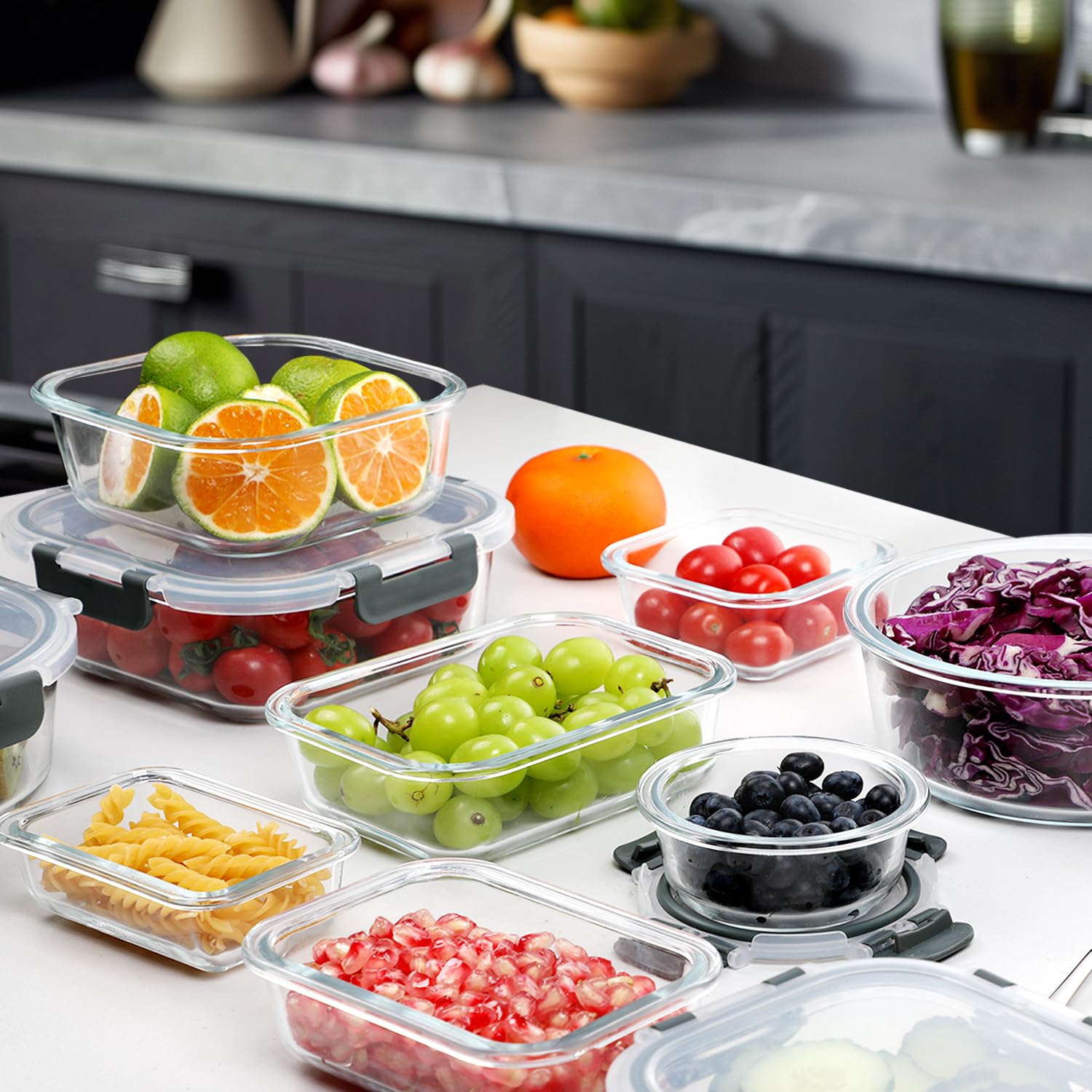 Juego de 30 recipientes de vidrio para preparación de comidas, contenedores apilables de almacenamiento de alimentos con tapas, recipientes herméticos de vidrio para el almuerzo, para 7