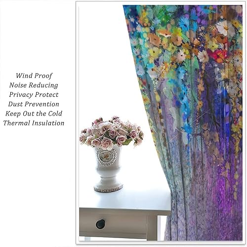 Miniatura 524 de Retro 70s Floral Blackout Window Curtains, Watercolor Flower Plant Rustic Modern Style Pattern Window Drapes, for Bedroom Living Room 42x45in 2