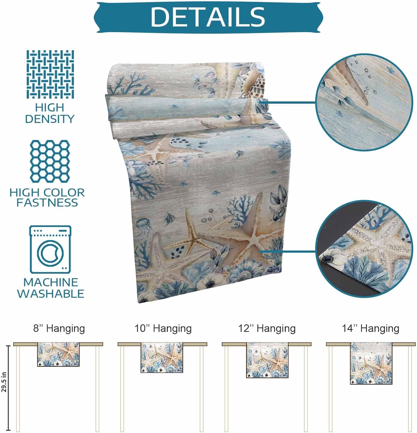 Starfish Coastal Table Runner - 108 Inch Long, Blue Grey Wooden Coral Floral Summer Ocean Kitchen Dining Table Runner Dresser Scarves, Farmhouse Decor for Coffee Tables Wedding Party Banquet