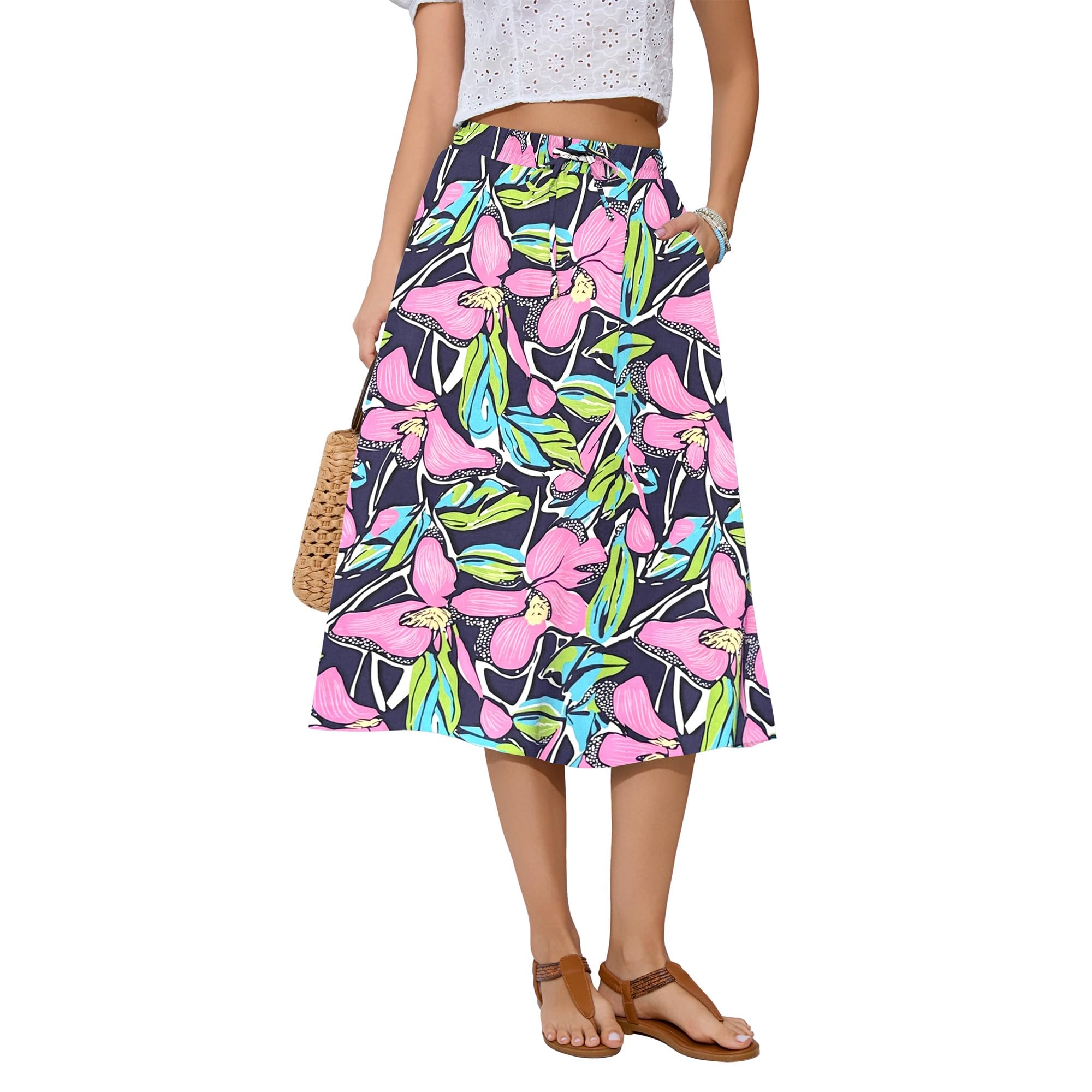 Witsmile Women's Summer Boho High Waist Pleated Flowy Midi Skirt