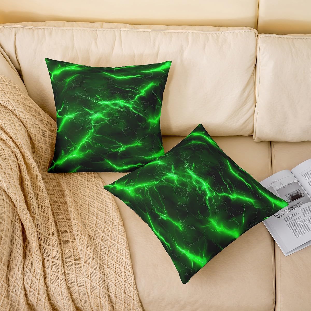 Green Lightning Pillow Covers,Thunder Lightning Weather Theme Cushion Covers 22"x22"Boys Teens Men Neon Glowing Square Cushion Cases Set for Bedroom Office,Geometric Abstract Cool Pillowcases image 2