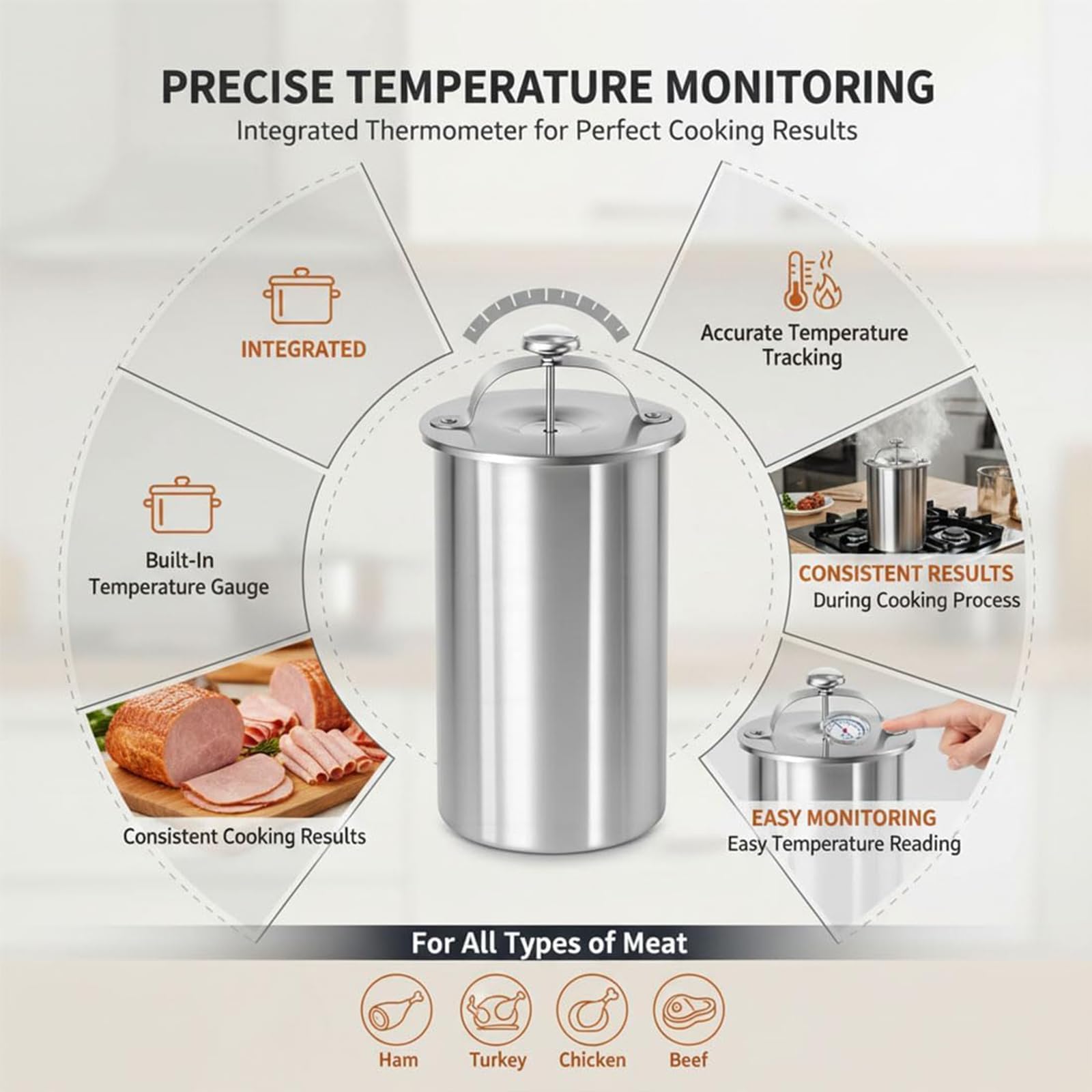 Presse à Viande en Acier Inoxydable avec Thermomètre et Mécanisme à Ressort – Moule pour Charcuteries, Jambon Maison et Viandes Froides – Idée Cadeau Originale pour la Cuisine (with Presser)