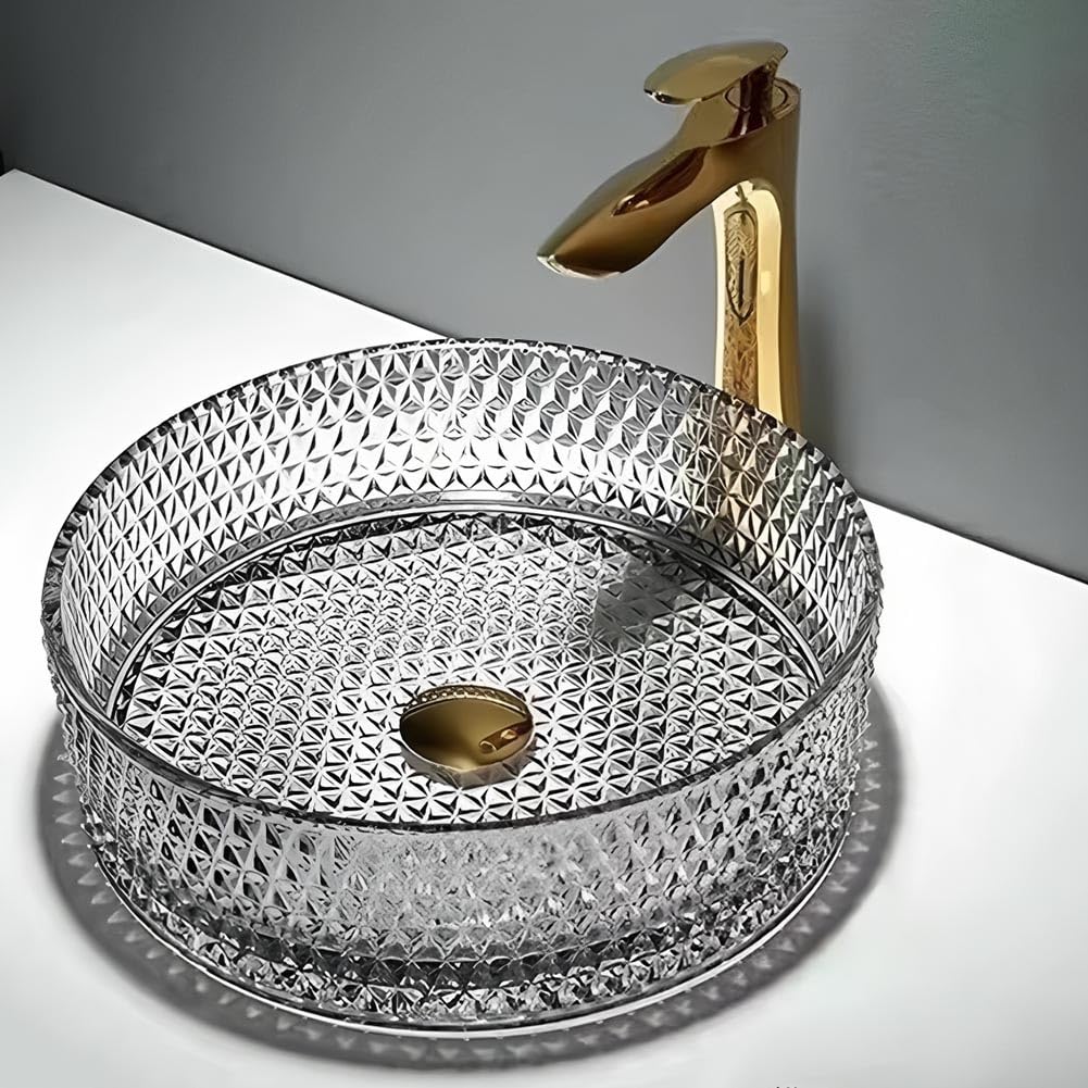 CSXSXAUO Crystal Glass Vessel Sink, Diamond Shaped Above Counter Basin for Modern Bathroom Vanity