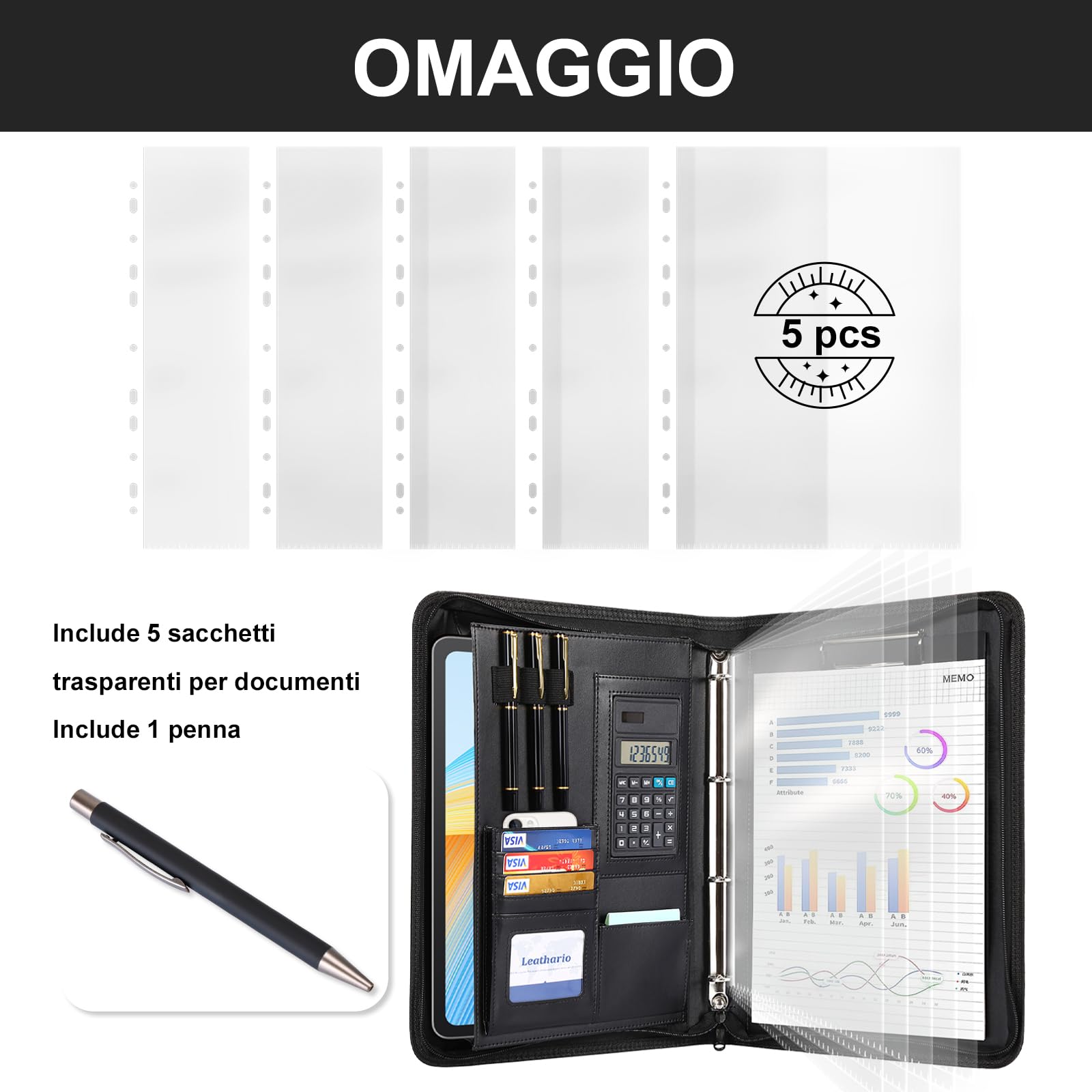 Leathario Cartella Portadocumenti A4 PU Pelle Portablocchi Organizzatore con Quaderno