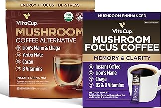 VitaCup Mushroom Coffee Alternative 30 Servings & Focus Instant Packets 24 Ct Bundle - Lion's Mane, Chaga, Yerba Mate, Cacao, D3, B Vitamins - Natural Energy, Memory, and Clarity Support