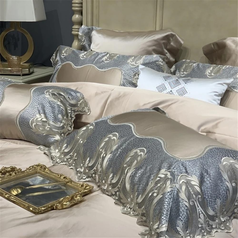 Bedding Set Copripiumino di Lusso con Ricamo in Pizzo, 4 Pezzi, in Cotone Egiziano 1000TC, Set Morbido e setoso