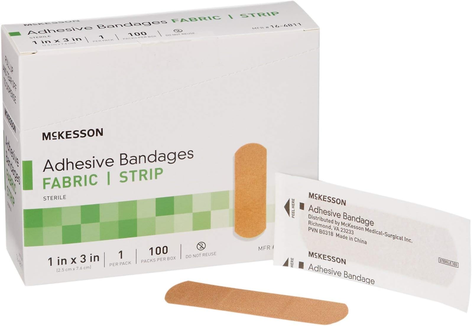Adhesive Bandages, Sterile, Fabric Strip, 1 in x 3 in, 100 Count, 1 Pack