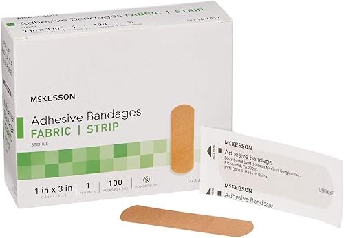 McKesson Vendas adhesivas, estériles, tira de tela, 1 pulgada x 3 pulgadas, 100 unidades, 1 paquete