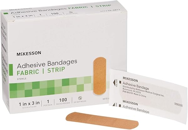 McKesson Adhesive Bandages, Sterile, Fabric Strip, 1 in x 3 in, 100 Count, 1 Pack