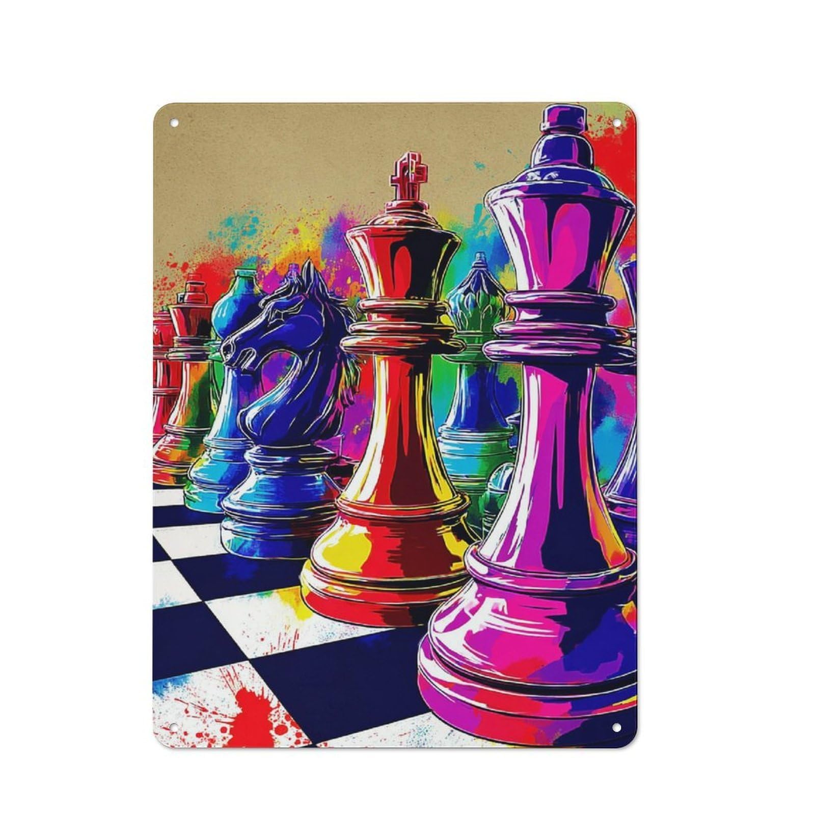 Junmoney Colorful Chess Pieces On Artistic Board Rustic Metal Wall Sign 40X30cm Featuring For Pub Or Café, For Vintage Wall Decor Fans, For Metal Sign Collectors