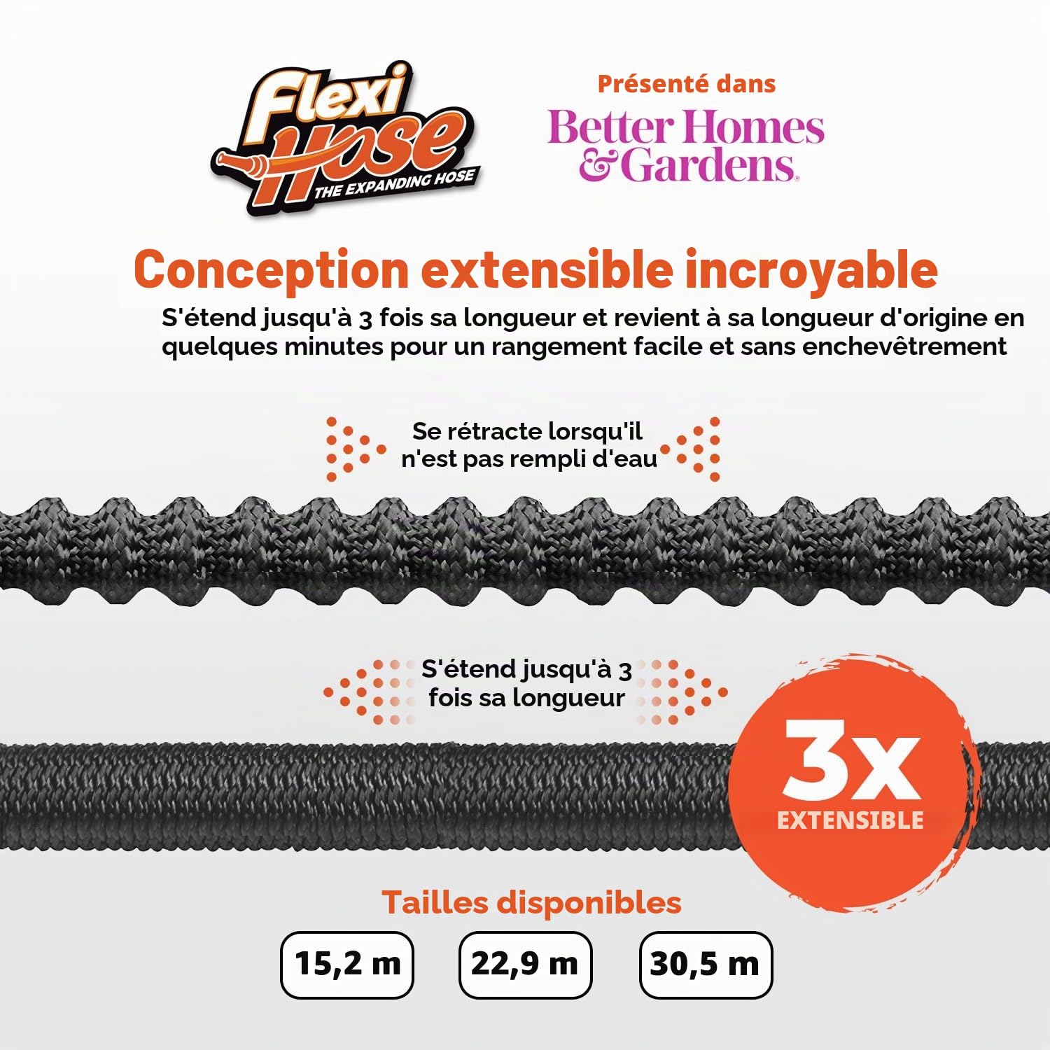 Tuyau d'arrosage extensible léger Flexi Hose - ultra flexible/ne s'emmêle pas - raccords en laiton massif 2 cm/tube intérieur en latex double épaisseur - résistant pourriture/fissures/fuites - 23 m
