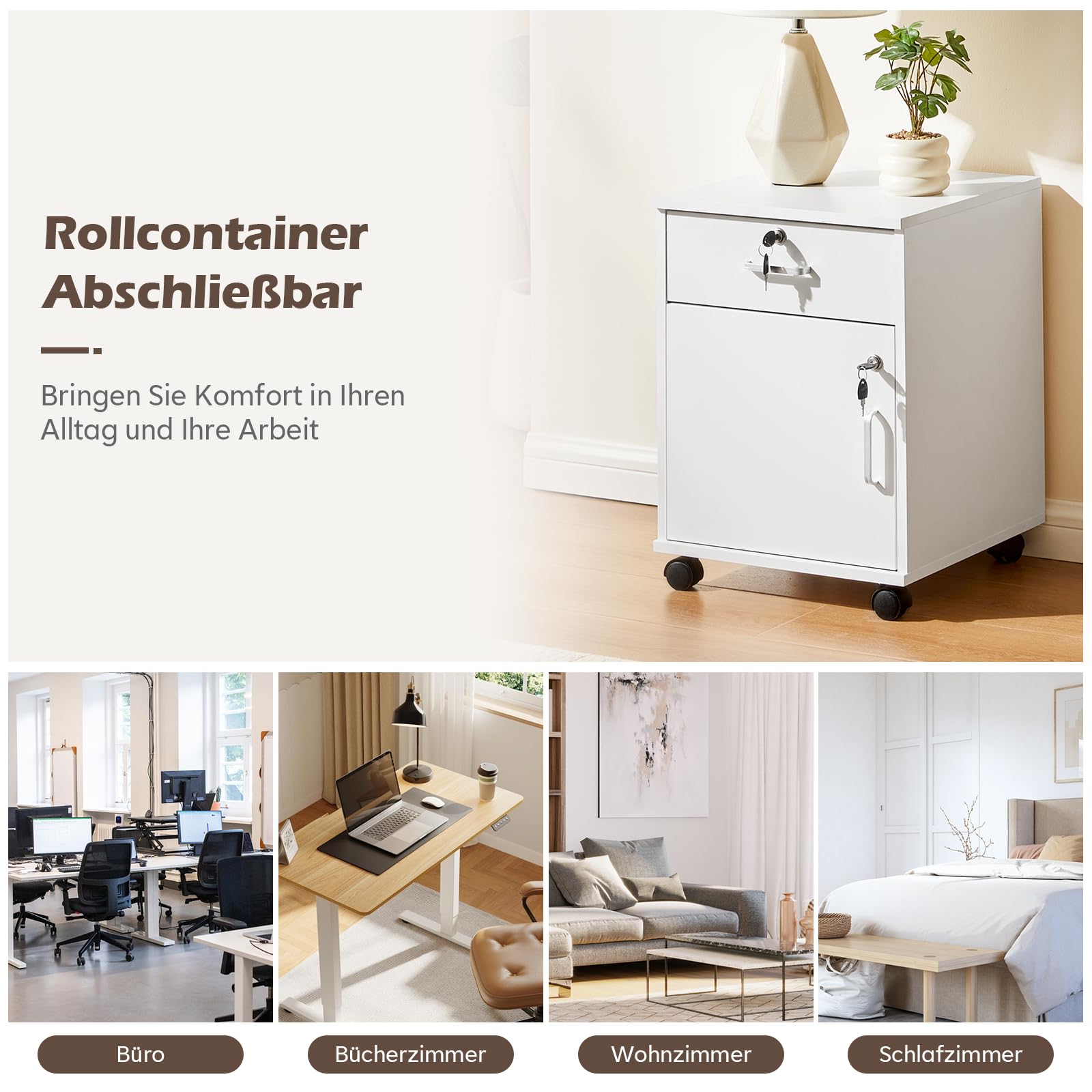 TUKAILAI Rollcontainer, Rollcontainer Abschließbar, Aktenschrank mit Schubladen, Büroschrank mit Rollen, Drucker Ablagefächer für Büromöbel 40x40x57 cm, Weiß