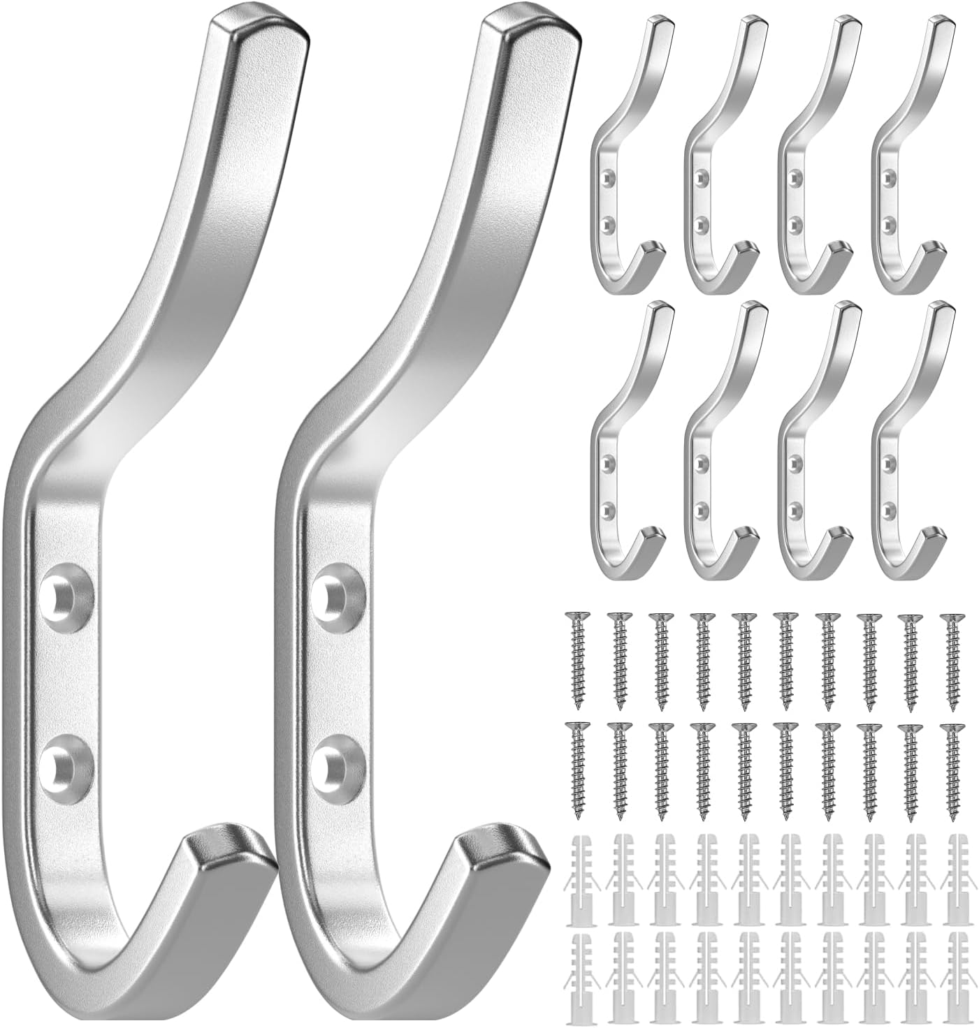 wall hooks for hanging coat - 10 pack silver arc double hooks, sturdy metal grainy sparkle, organize coats, hats, bags in entryway, closet, bedroom 10 silver