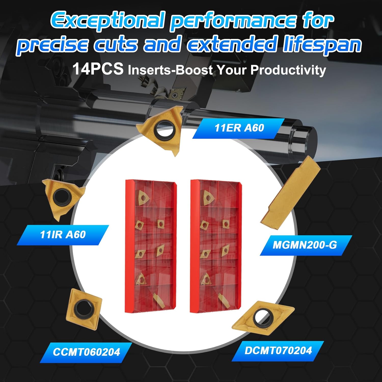 Indexable Lathe Turning Tool 21Pcs Kit 3/8'' 10mm Shank 7Pcs Metal Lathe Tools Holder Set & 14Pcs Turning Inserts for Turning Grooving Threading Boring, Lathe Tooling Ideal as Gift with Aluminum Box