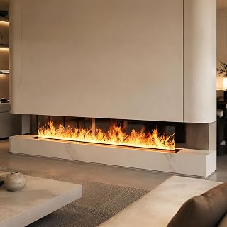 Dekorativer elektrischer Wasserdampf-Kamin-Luftbefeuchter mit 3D-Zerstäubungsflamme, 3 mm ultradünnem Panel, Gebürsteter Edelstahl, ohne Heizung,100cm/39.3in