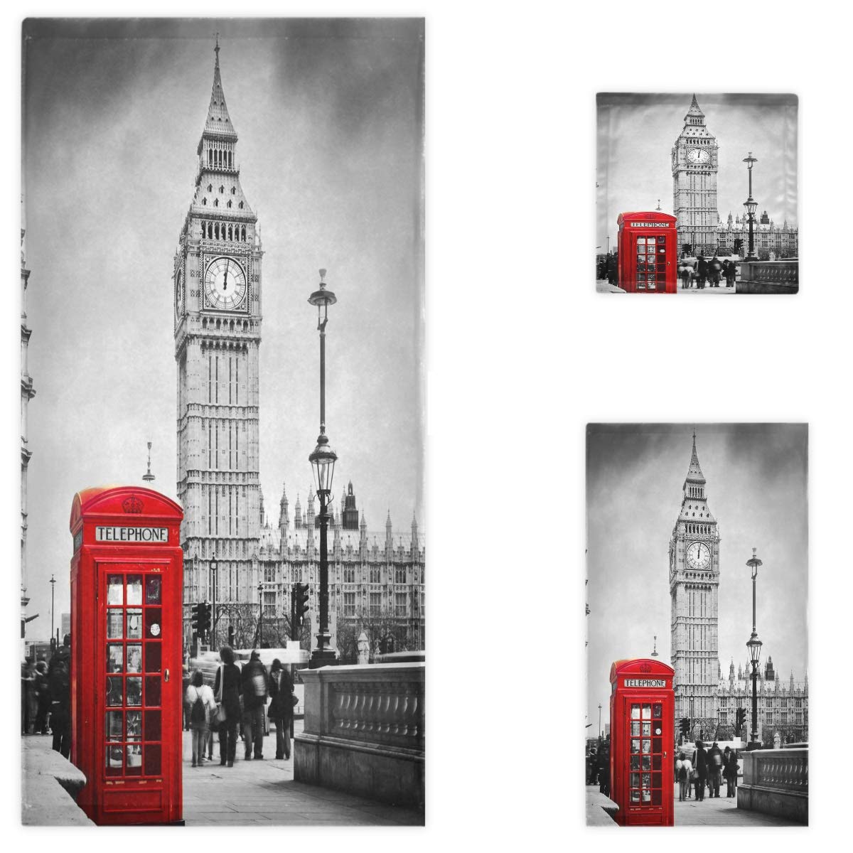 NaanleLondon Street View Big Ben Red Telephone Booth Soft Luxury Set of 3 Towels, 1 Bath Towel+1 Hand Towel+1 Washcloth, Multipurpose for Bathroom, Hotel, Gym, Spa and Beach