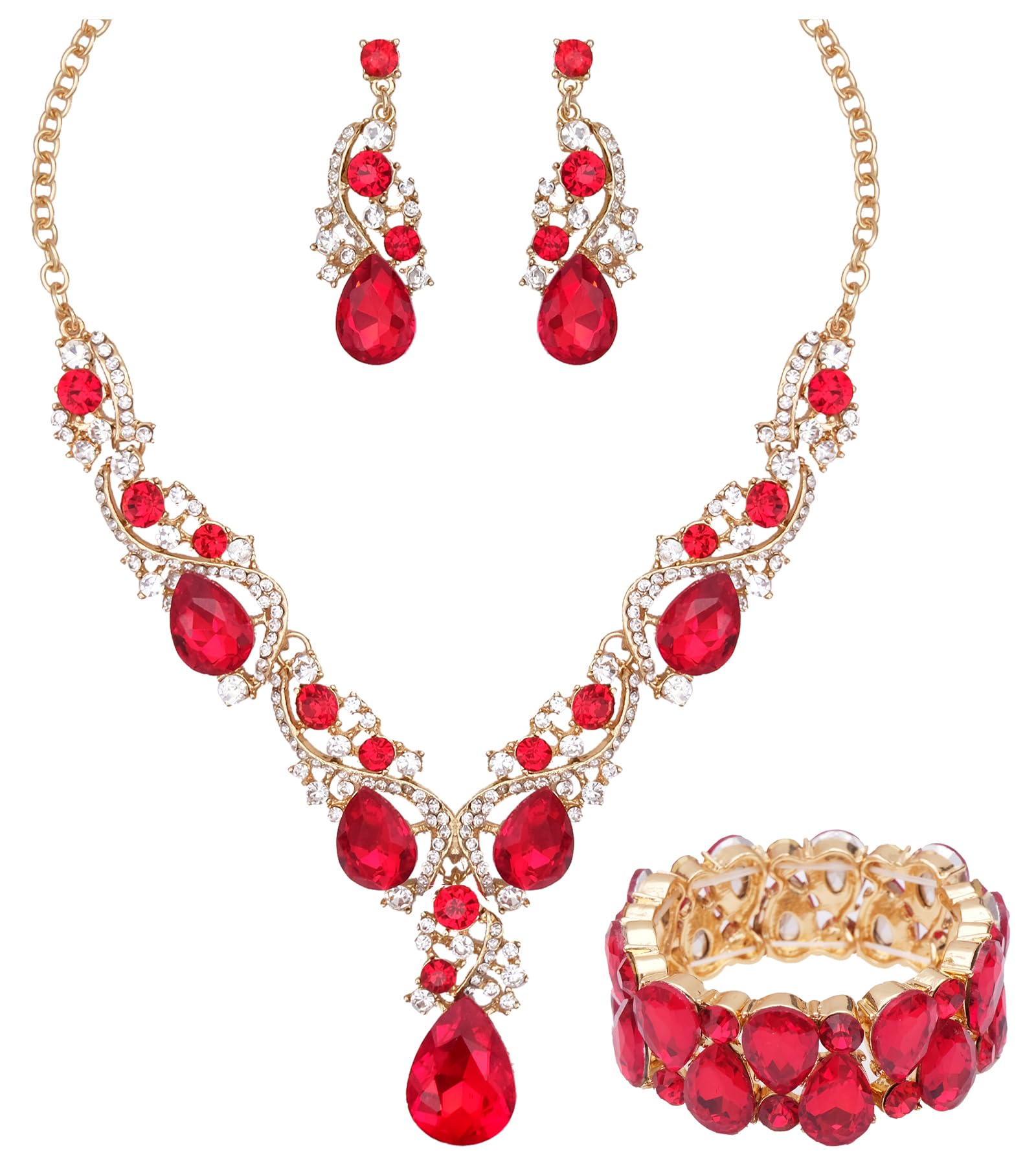 CSYWomen's Elegant Bridal Necklace Earrings Stretch Bangle Set for Bride Bridesmaid Wedding Costume Jewelry Sets