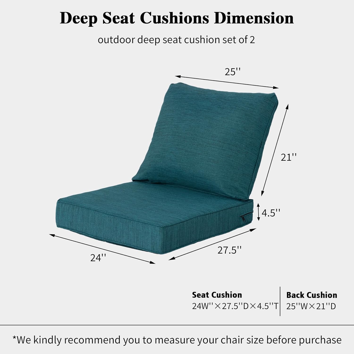 Outdoor Deep Seat Cushion Set of 2, 24 x 27.5 x 4.5 Inch High-Density Foam Patio Chair Cushion with Water-Repellent & UV-Resistant Cover, Tear-Resistant Seat & Back Cushion, Malachite