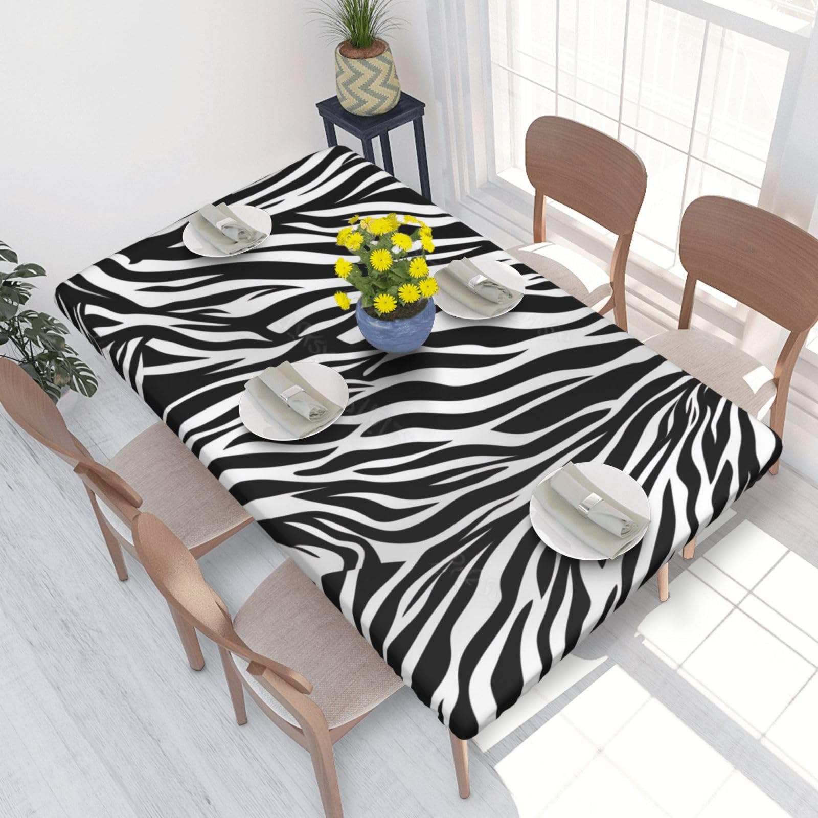 DCARSETCV Zebra Print Printed 4FT Waterproof Tablecloth with Elastic Edged Protect & Decor Your Table, Oil-proof Washable Table Cloth Cover for Dinner Picnic Party