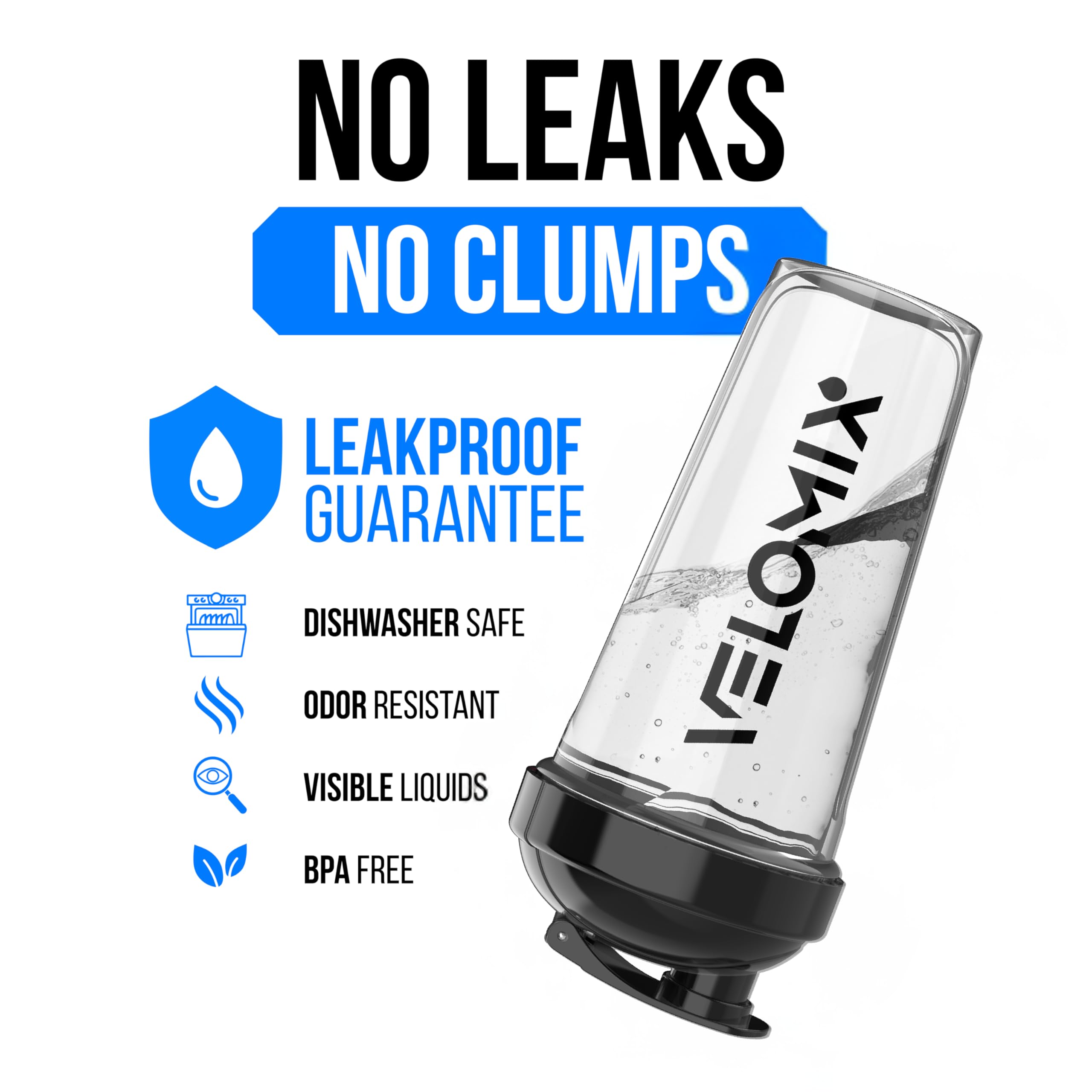 VELOMIX Protein-Shaker-Flasche für Proteinmischungen, auslaufsichere Shaker-Becher für Protein-Shakes, groß, stapelbar, Schwarz und Transparent, 6 Stück