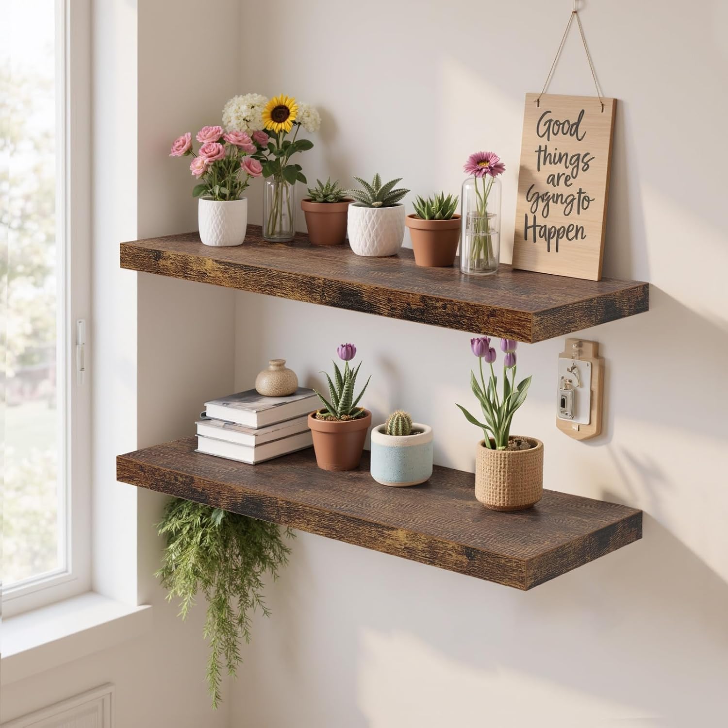 FurnitureR Wooden Floating Wall Shelves, Decorative Wall Storage Rack, Rustic Wall Mounted Display Ledge for Bedroom, Living Room, Bathroom, Kitchen, and Entryway, 23.62 Inch Wide, Set of 2, Brown