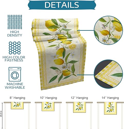 Miniatura 7 de Camino de mesa de cocina a cuadros de búfalo amarillo limón, acuarela de verano, decoración de granja de frutas y algodón, decoración de mesa para