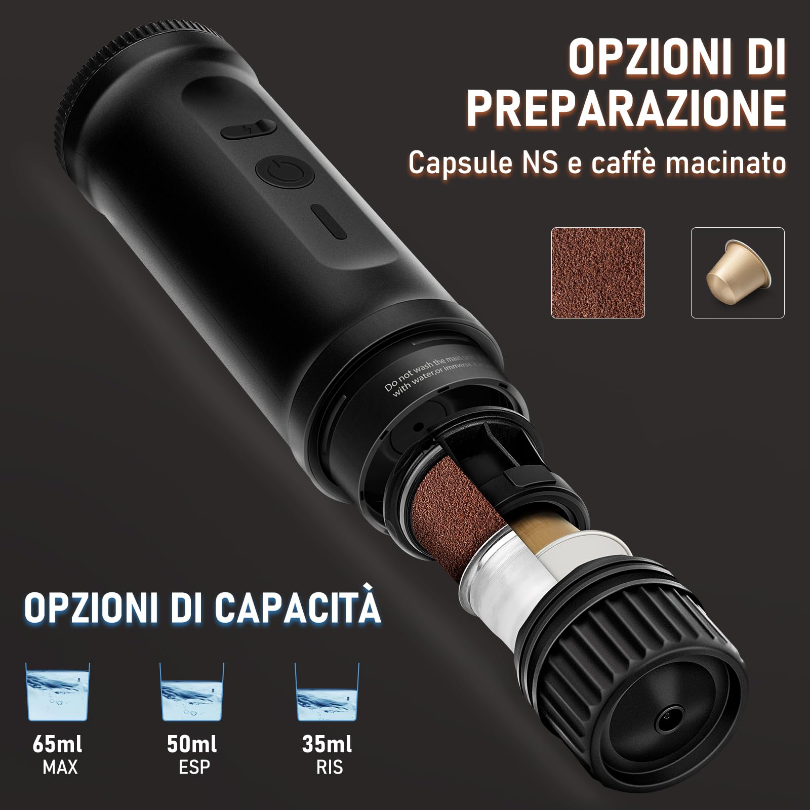ICARE Macchina Caffe Portatile, 2 in 1 per Capsule NS e Caffè Macinato, Autoriscaldante, USB-C, Indicatore Batteria, Caffettiera Portatile da Viaggio, Campeggio, Escursionismo, Camper (Nero)