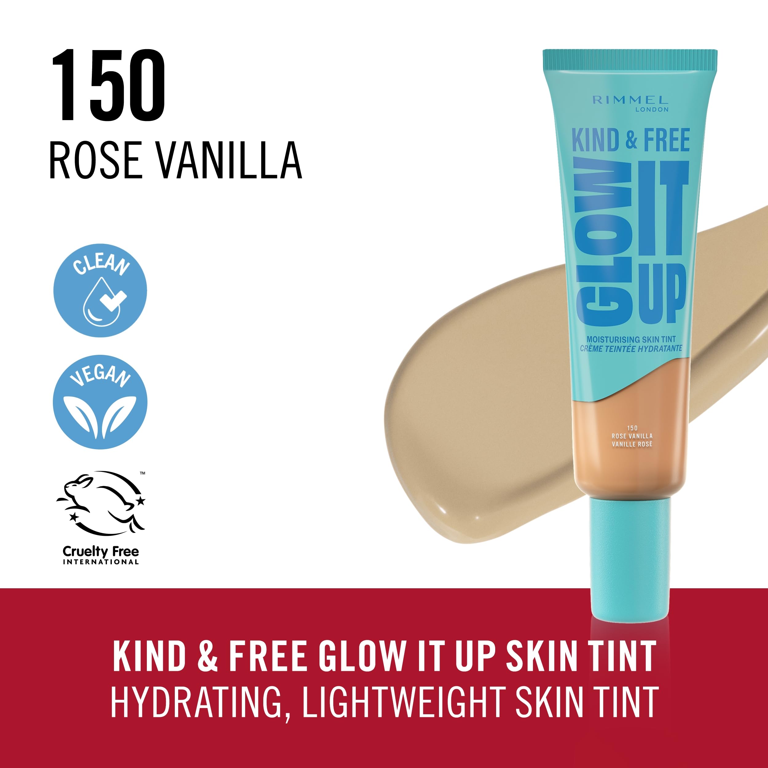 Rimmel Kind & Free, Glow It Up Moisturising Skin Tint, 150, Rose Vanilla, Healthy Glow, Blurs Imperfections - Image 2