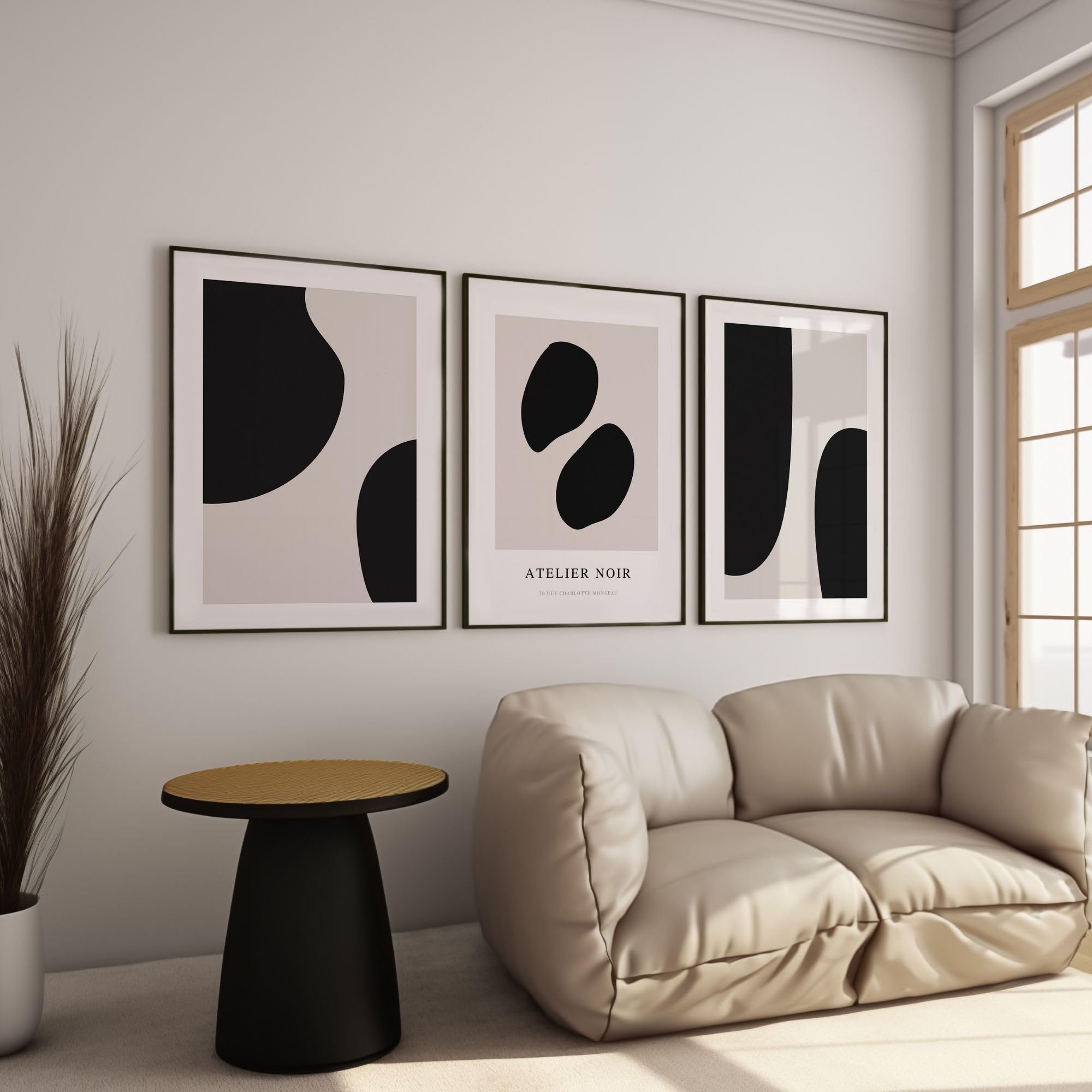 Lot de 3 posters - Beige et noir - Tableaux muraux abstraits - Posters (A2)