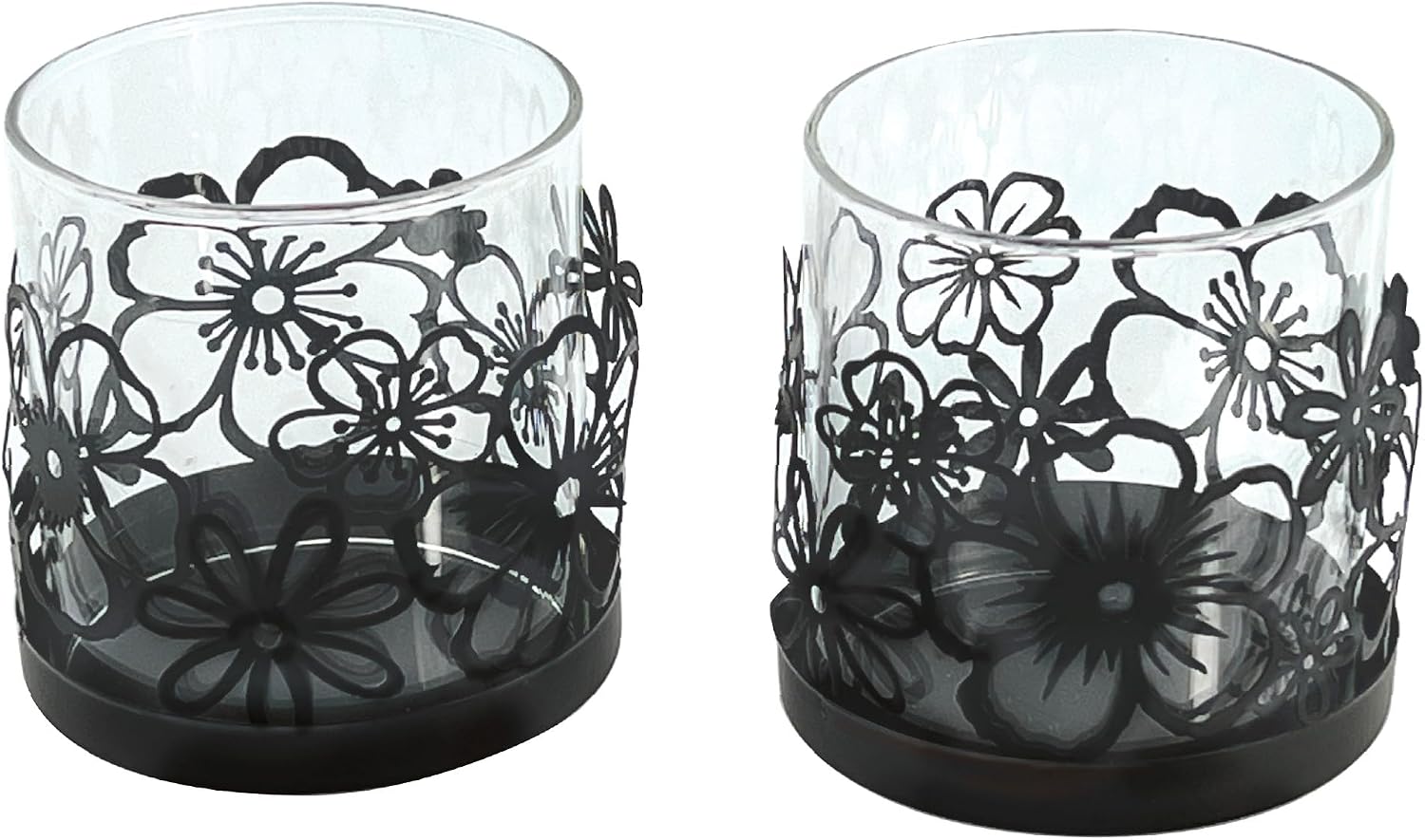Lily’s Home Cutout Shadow Box Votive Tea Light Hurricane Glass Candle Holders, Centerpiece Lighting for Weddings, Entertaining and Home Decor, Flowers Garden Design, Black, Set of Two