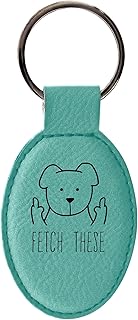 Funny Dog Mom Gift Middle Finger Dog Fetch These Leatherette Oval Keychain Key Tag Teal