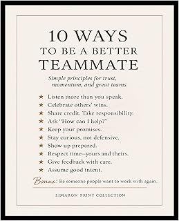 LIMARON 10 Ways To Be A Better Teammate Wall Art Print - Workplace Culture And Teamwork Poster - Office Decor For Leadership And Collaboration - Professional Values Reminder - 8x10 Unframed