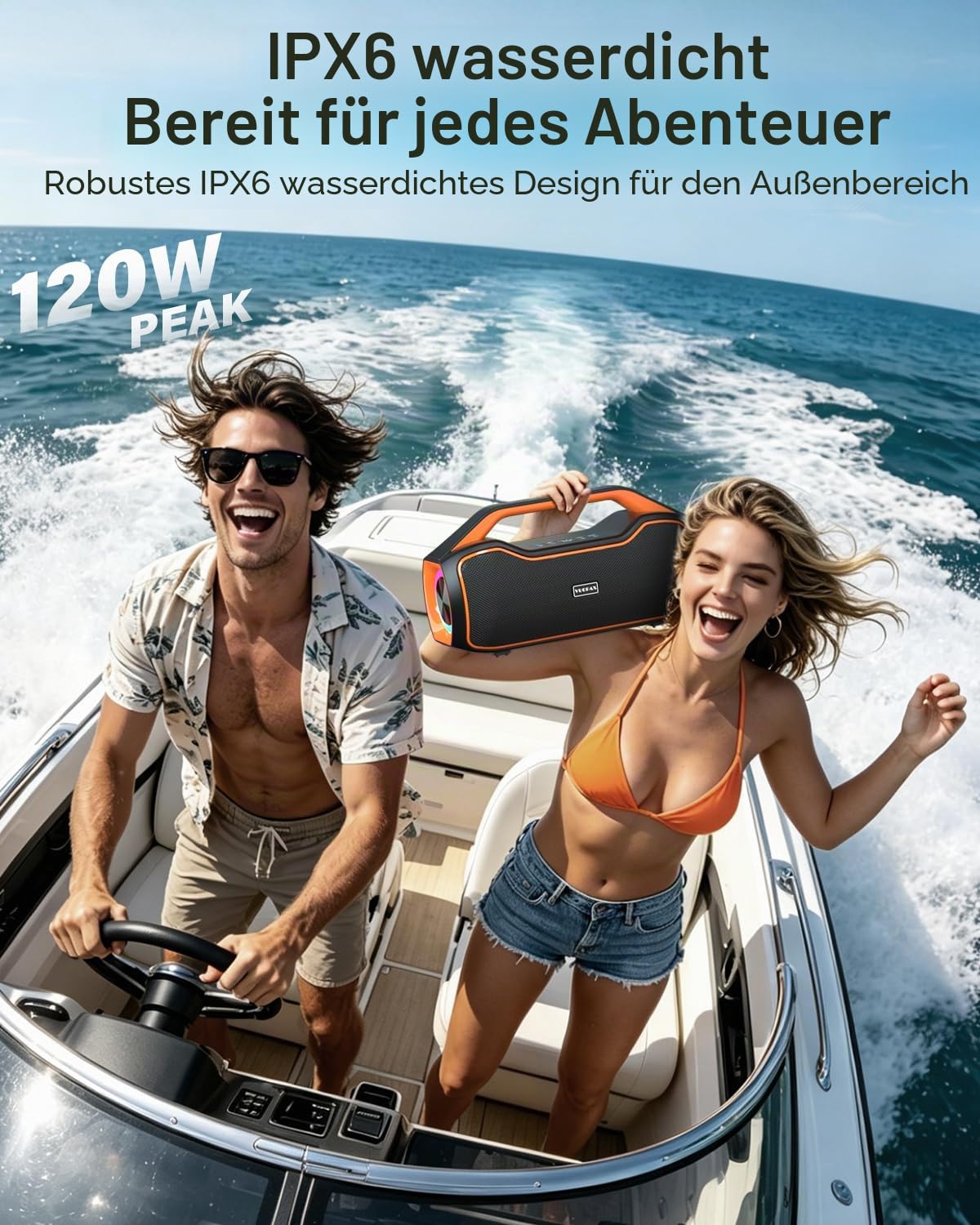 Bluetooth Lautsprecher Tragbare Musikbox Outdoor 120W Peak Bass Boost | 2x Subwoofer IP65 Wasserfester speaker 24h Akku Unterstützung DSP/TWS/AUX/TF/BT5.4, Geeignet für Partys,Strände,Camping