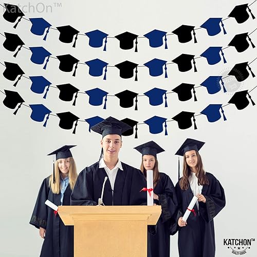 Miniatura 8 de KatchOn, Guirnalda de gorro de graduación azul de fieltro, 4 cuerdas con sombrero de graduación, paquete de 16, decoraciones de gorra de graduación