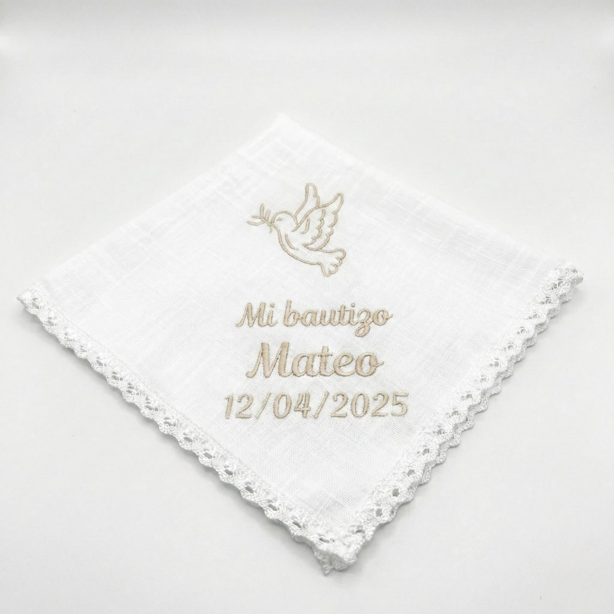 SticTag Pañuelo Bautizo Personalizado Bordado con Nombre y Fecha – Paño Bautismo de Lino y Algodón Natural – Pañuelo Bautizo Niño Niña – Regalo Bautizo Personalizado - 2