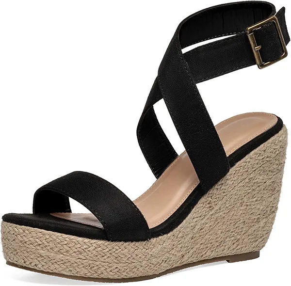NEWBELLA Women's Bohemian Wedge Sandals - Linen Fabric High Heel Summer Sandals, Comfortable Platform Beach Shoes, Casual Dressy Buckle Sandals for Women
