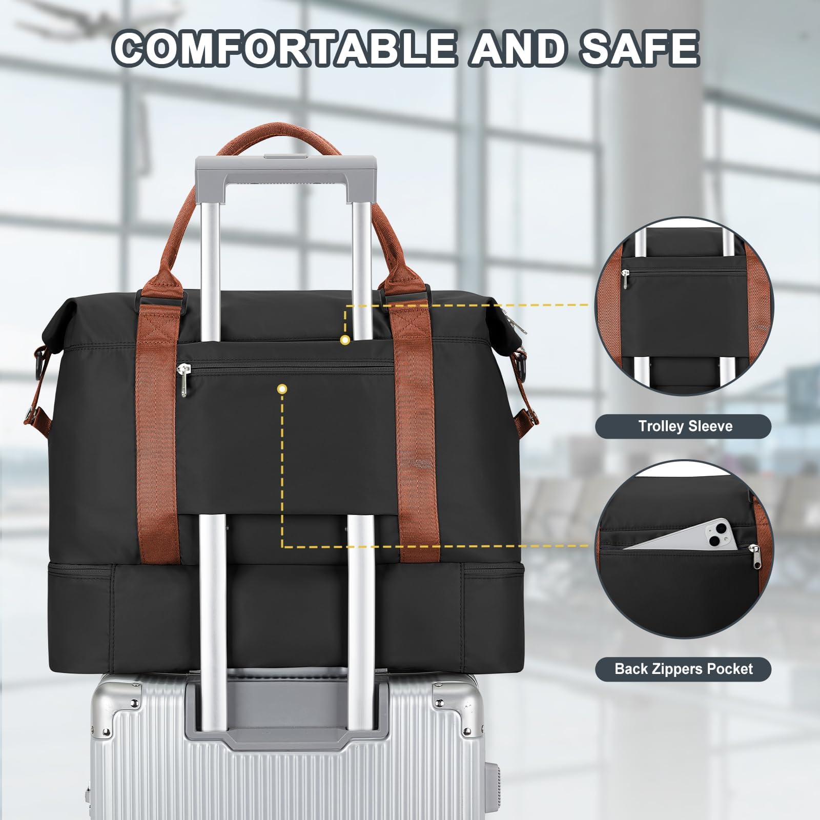 Sac de Voyage 45x36x20 pour Easyjet Bagage à Main Avion Sac Weekend Femme Homme Sacs Cabine Impermeable Sacs de Sport Voyage avec Compartiment à Chaussures Travel Bag,A06-Noir et Marron