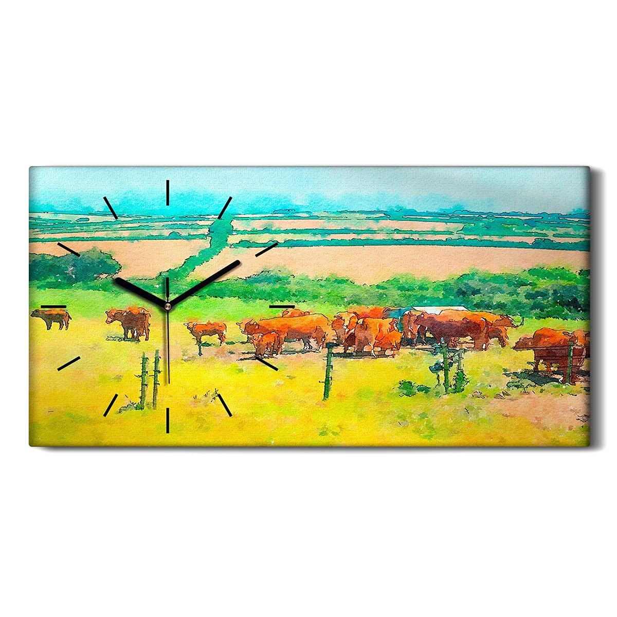 Horloge sur toile moderne 60x30cm paysage de prairie avec fines mains noires