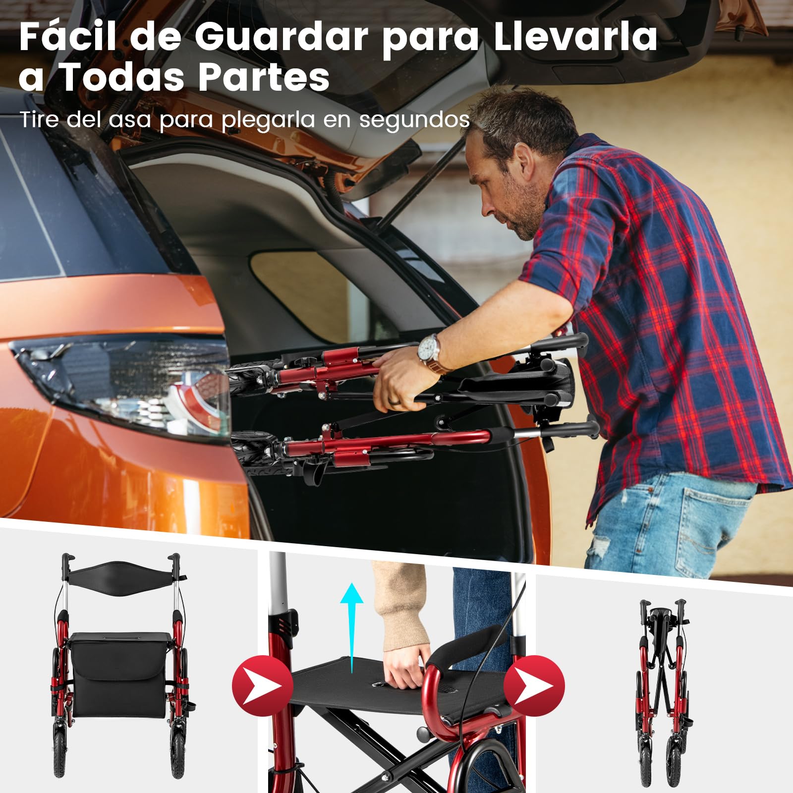 COSTWAY 2 en 1 Andador para Ancianos con Asiento, Taca Taca Adultos Plegable, Silla de Ruedas de Neumáticos, Altura Ajustable, Reposapiés abatibles, Estructura de Aluminio Ligera (rojo)