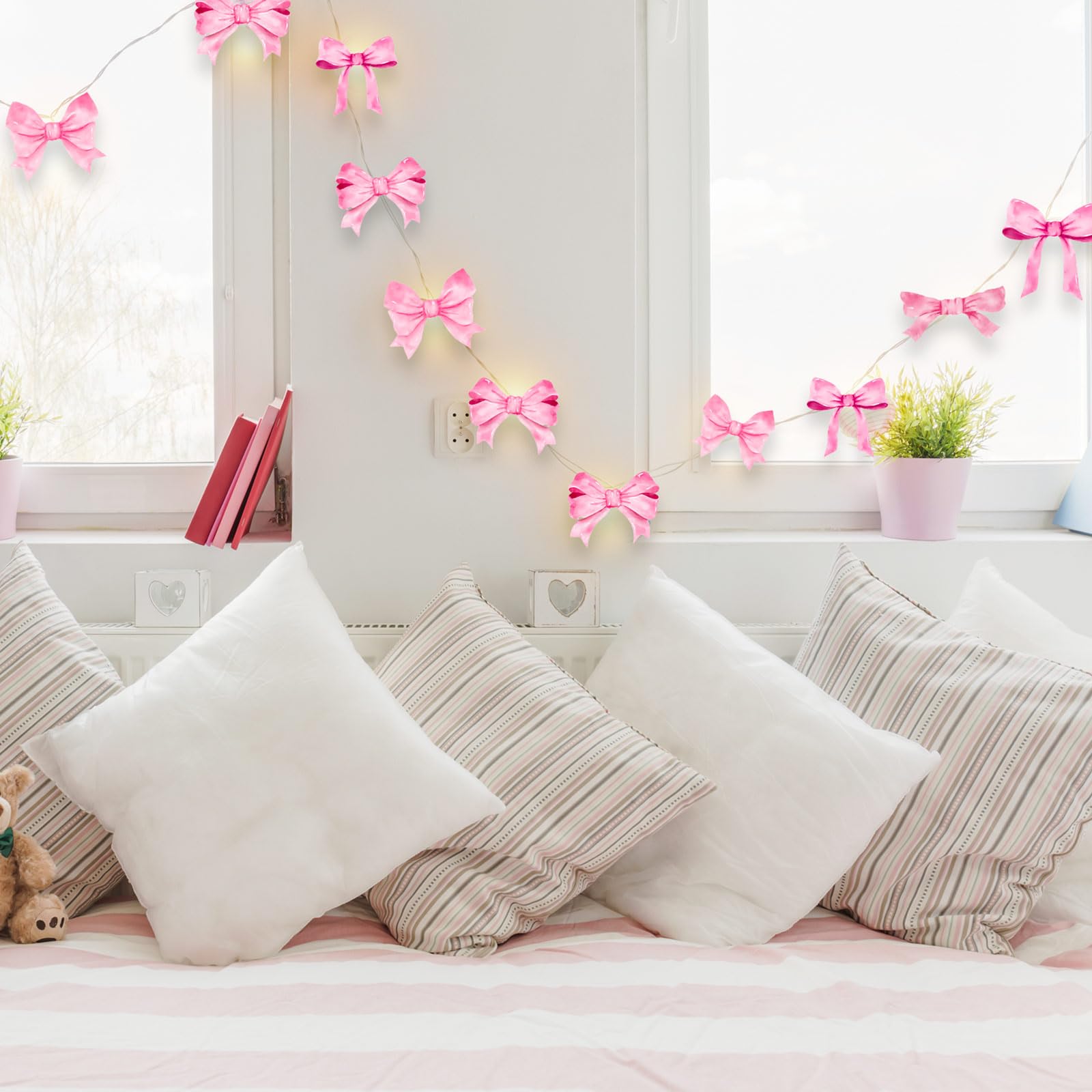 VIHOSE Lichterkette mit rosa Schleife für Schlafzimmer, 3 m, 20 LEDs, batteriebetrieben, rosa Schleife, Raumdekoration für Schlafsaal, adrette Zimmer, Wanddekoration, Geburtstag, Hochzeit, Innen- und