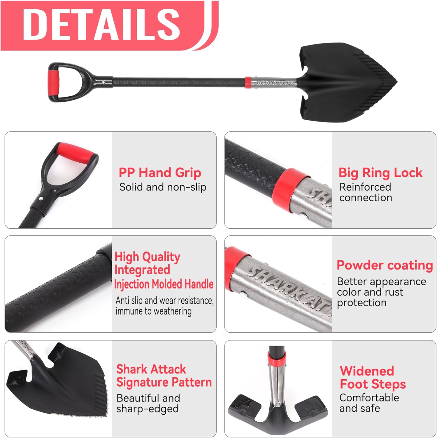 SHARK ATTACK Heavy Duty Garden Shovel 43.3 inch with D-Grip Handle, 10.04'' Serrated Steel Blade for Digging and Landscaping, Beach Shovel, Car Snow Shovel