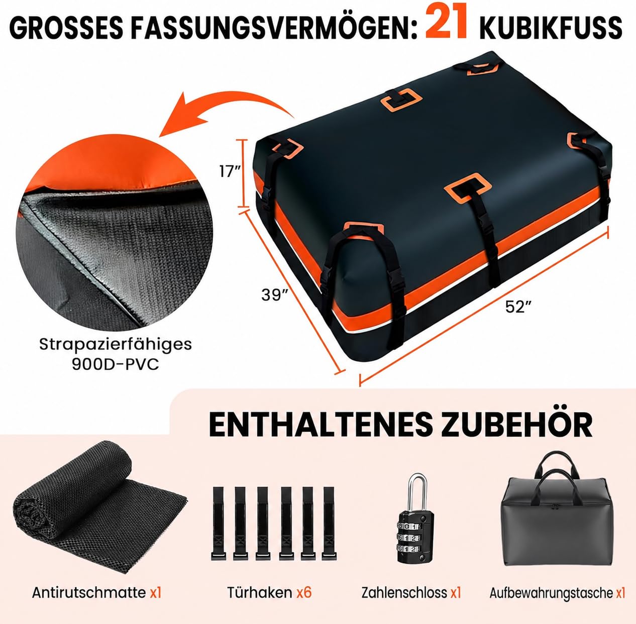 Dachgepäcktasche 570 L / 21 ft³, wasserdichte 900D PVC Dachbox-Tasche mit Verstärktem Reißverschluss, Anti-Rutsch-Matte, Befestigungsgurten und Aufbewahrungstasche, für die meisten Fahrzeuge