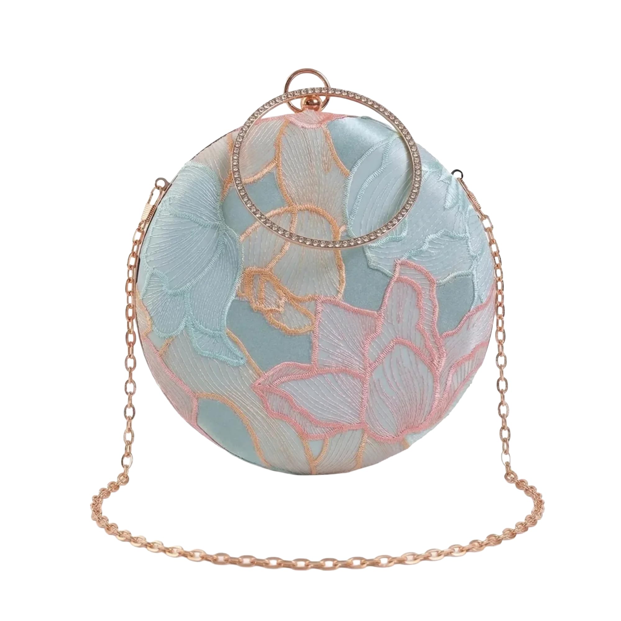 Women Blue Floral Embroidered Clutch Purse Stylish Bridal Handbag Round Designer Clutch Bag For Women Wedding Party Ethnic Fancy Purse With Chain And Metal Handle-image-18